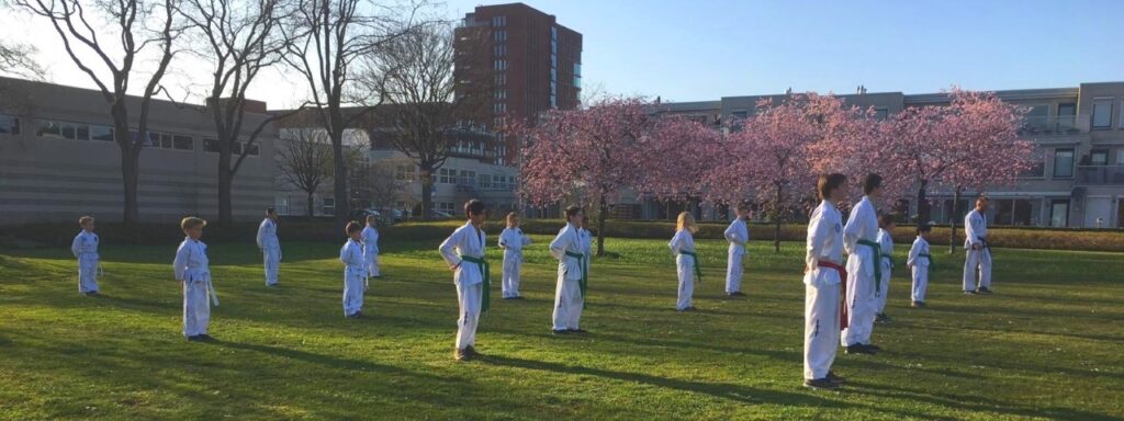 Groep studenten staat opgesteld in het park Groep studenten staat opgesteld in het park